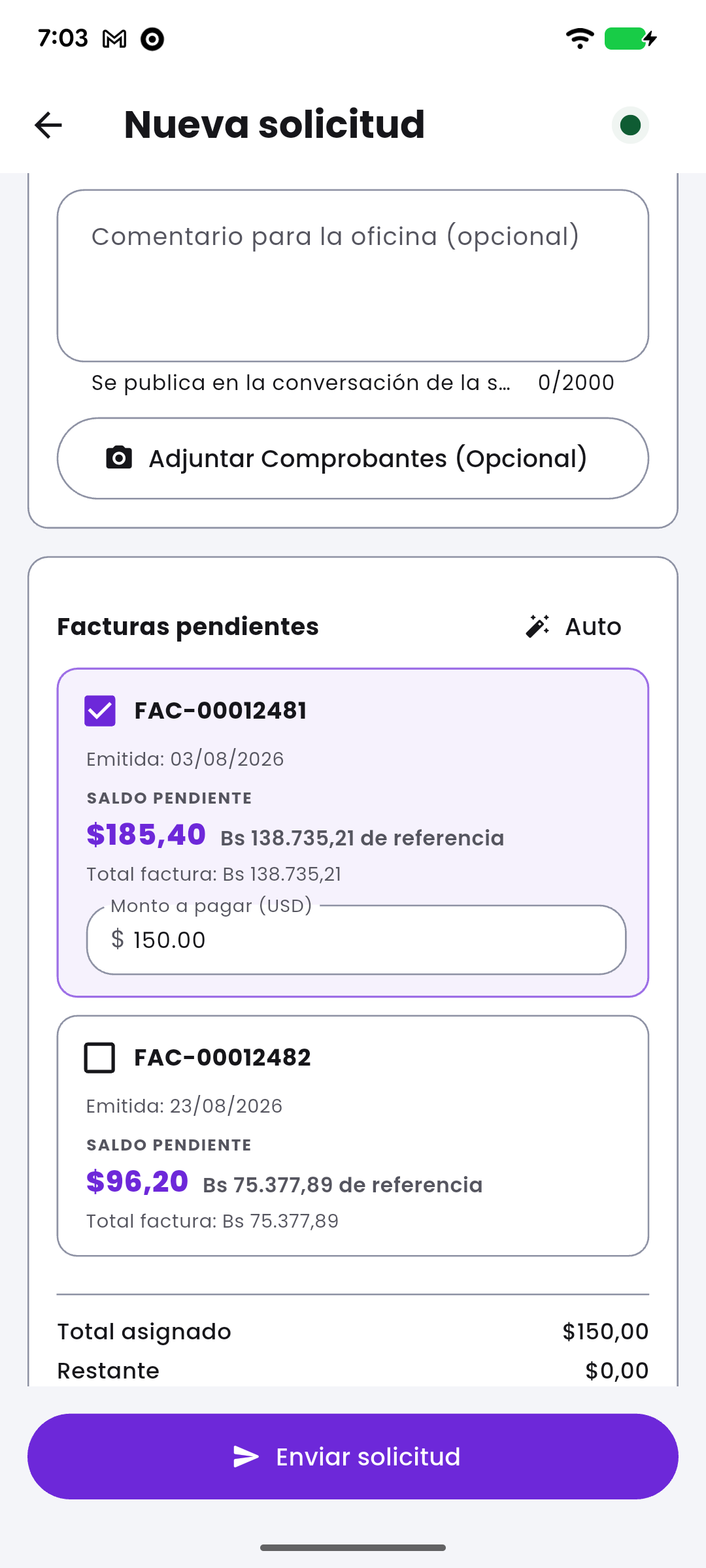 Vendoo collections screen: the amount received with its exchange rate, the receipt and the customer's outstanding invoices.