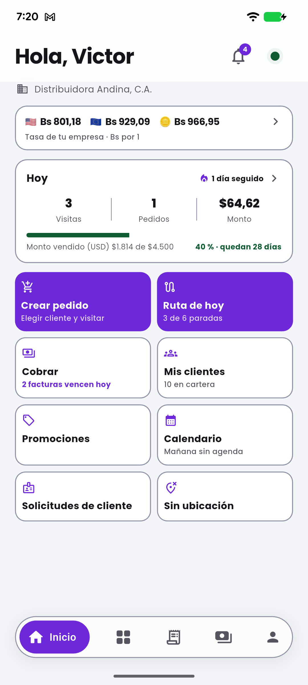 Vendoo home screen: the month's target with its traffic light, the day's indicators and the company selector.