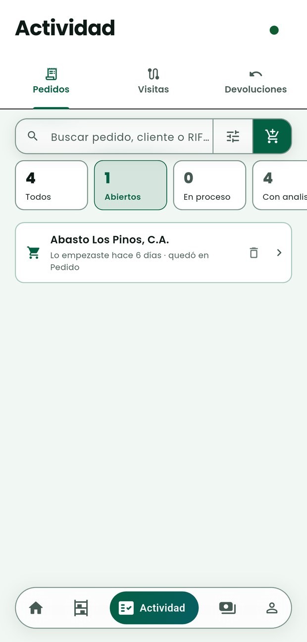 Actividad › Pedidos en Vendoo con el chip «Abiertos» tocado: un pedido a medio armar que dice «Lo empezaste hace 6 días · quedó en Pedido».