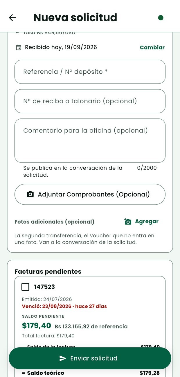 La parte de abajo del formulario de cobranza de Vendoo: los comprobantes, las fotos adicionales y las facturas pendientes del cliente con su saldo.