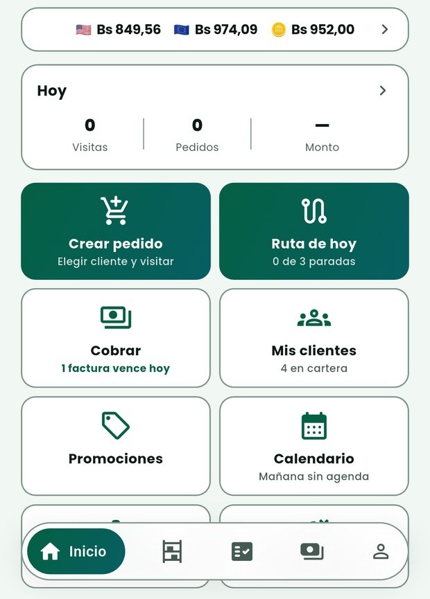 El Inicio de Vendoo: la línea de tasas del día, el bloque «Hoy» con visitas, pedidos y monto, y la cuadrícula de accesos con «Crear pedido», «Ruta de hoy», «Cobrar», «Mis clientes», «Promociones» y «Calendario».