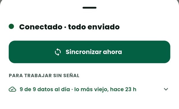 El panel de sincronización de Vendoo: «Conectado · todo enviado», el botón «Sincronizar ahora» y el renglón «9 de 9 datos al día · lo más viejo, hace 23 h».