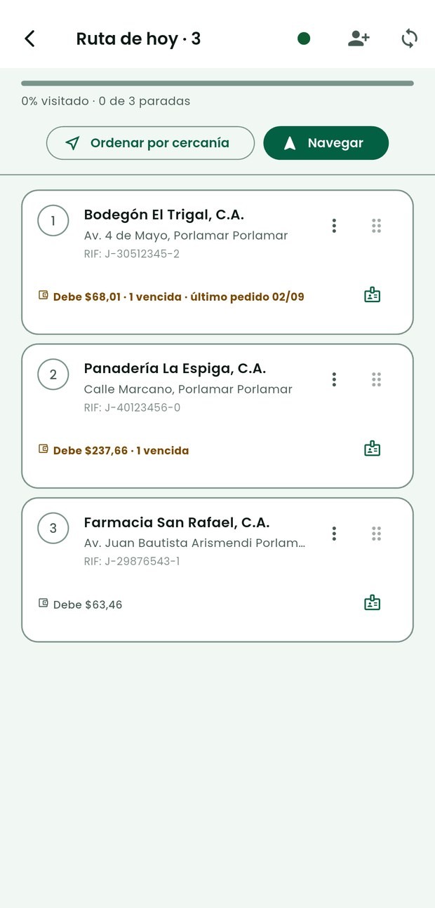 La ruta del día en Vendoo, con tres paradas numeradas; cada una muestra el nombre del negocio, la dirección, el RIF y cuánto debe.
