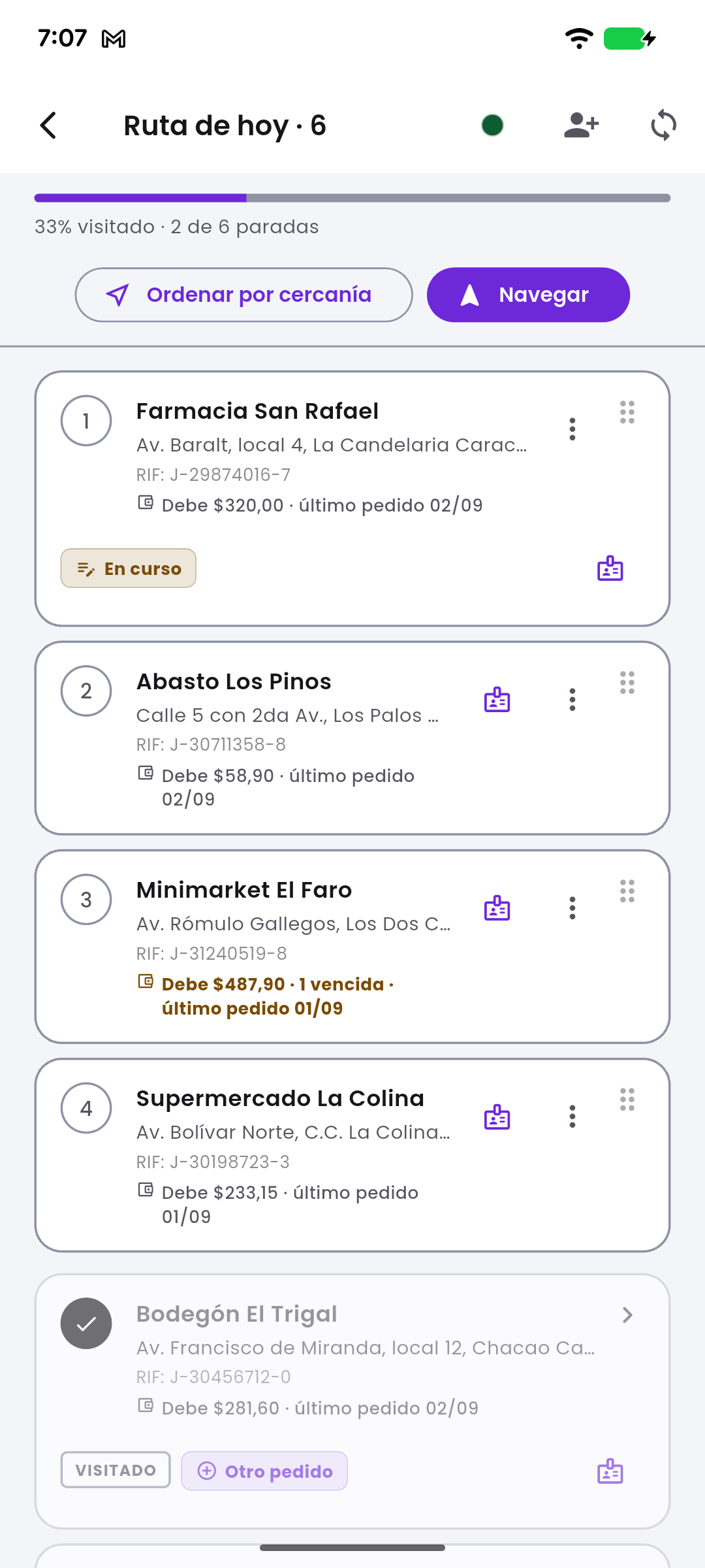 Vendoo route screen: the rep's list of stops with its progress and the date the customer list was downloaded.