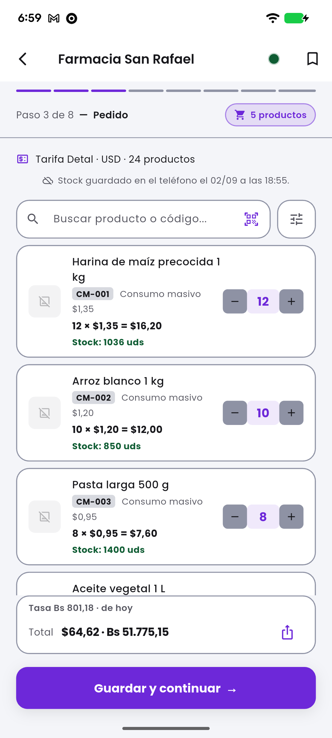Vendoo visit screen: the eight steps of a visit, with check-in and the stock count already closed.